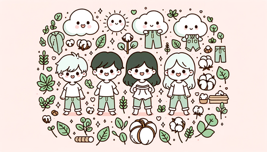 An illustration showing the benefits of organic cotton over synthetic materials, featuring children wearing comfortable cotton clothes, surround