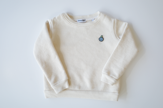 Undyed, organic cotton children's crewneck sweatshirt with an embroidered blueberry design, grown and milled in the USA and crafted by Colorful Bunch with local manufacturing.