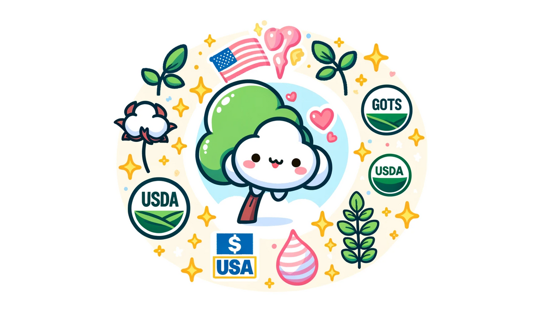 A kawaii illustration depicting the concept of organic and sustainable children's clothing, featuring elements representing GOTS and USDA certification