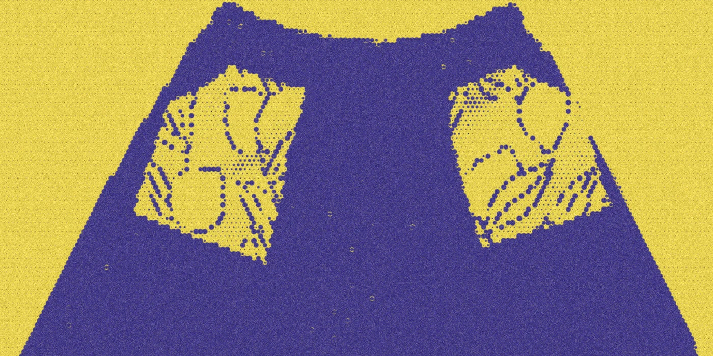 The Everyday Play Jean with Lemon Patch Pockets detail with a bold duotone Paper halftone treatment