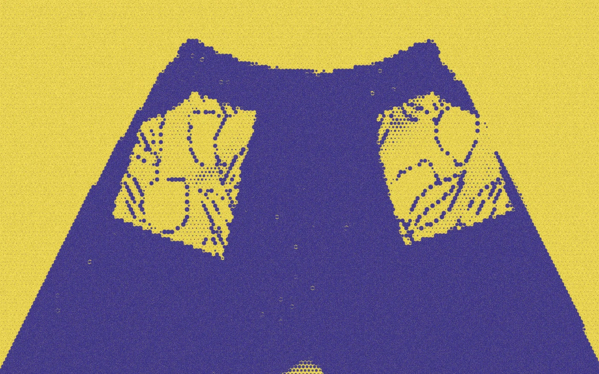 The Everyday Play Jean with Lemon Patch Pockets detail with a bold duotone Paper halftone treatment