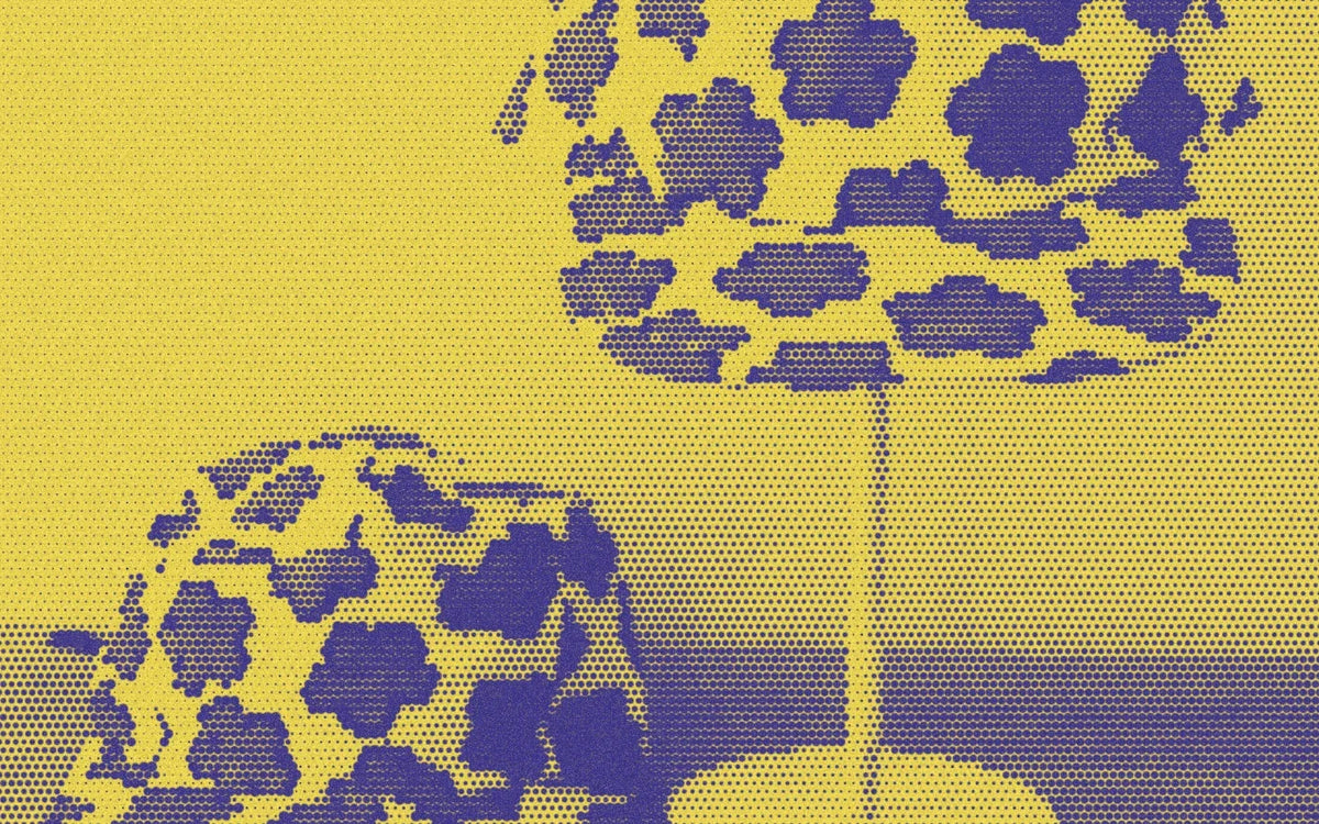 5-panel hat detail with a bold duotone Paper halftone treatment