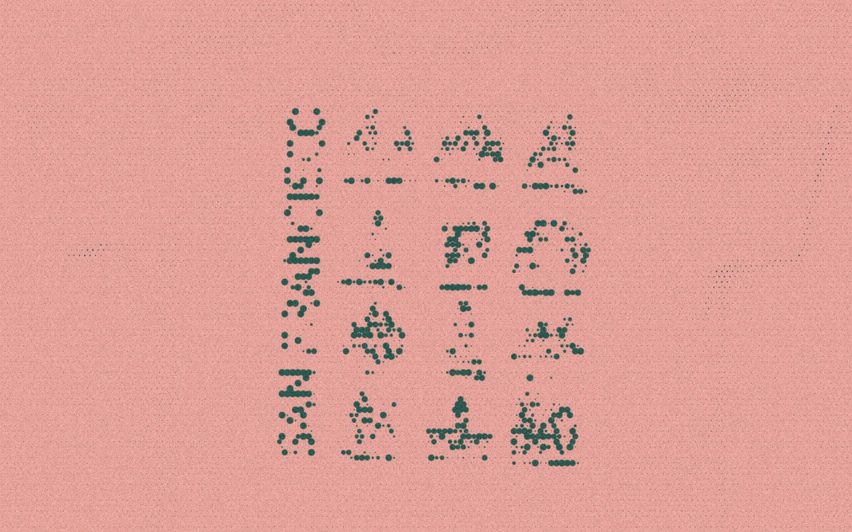 Halftone close-up of the San Francisco T-shirt’s grid of landmark illustrations, in dark green on peach.