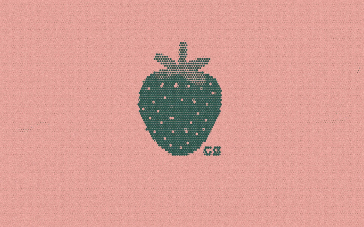 Halftone close-up of a strawberry graphic and CB initials on a T-shirt, in dark green on peach.