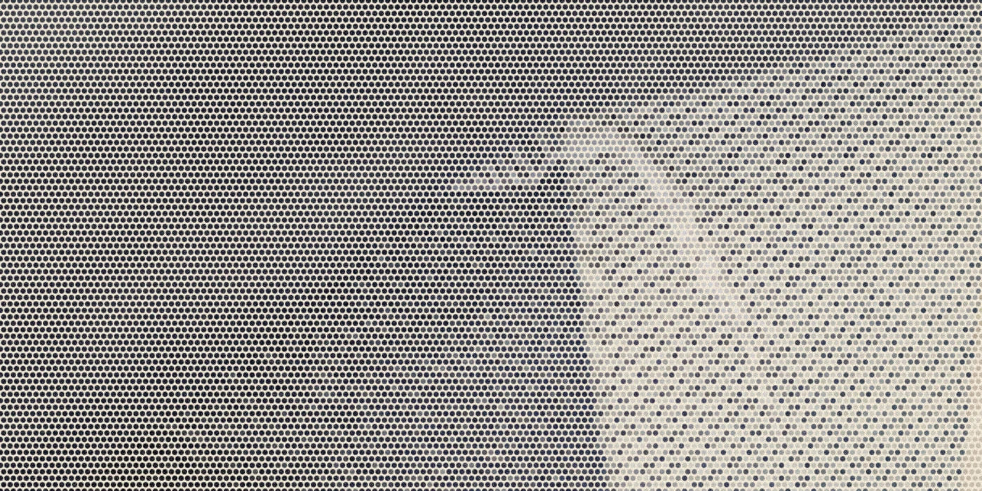 Inside-out denim showing the fabric weave and seam; a bold Paper halftone photo treatment