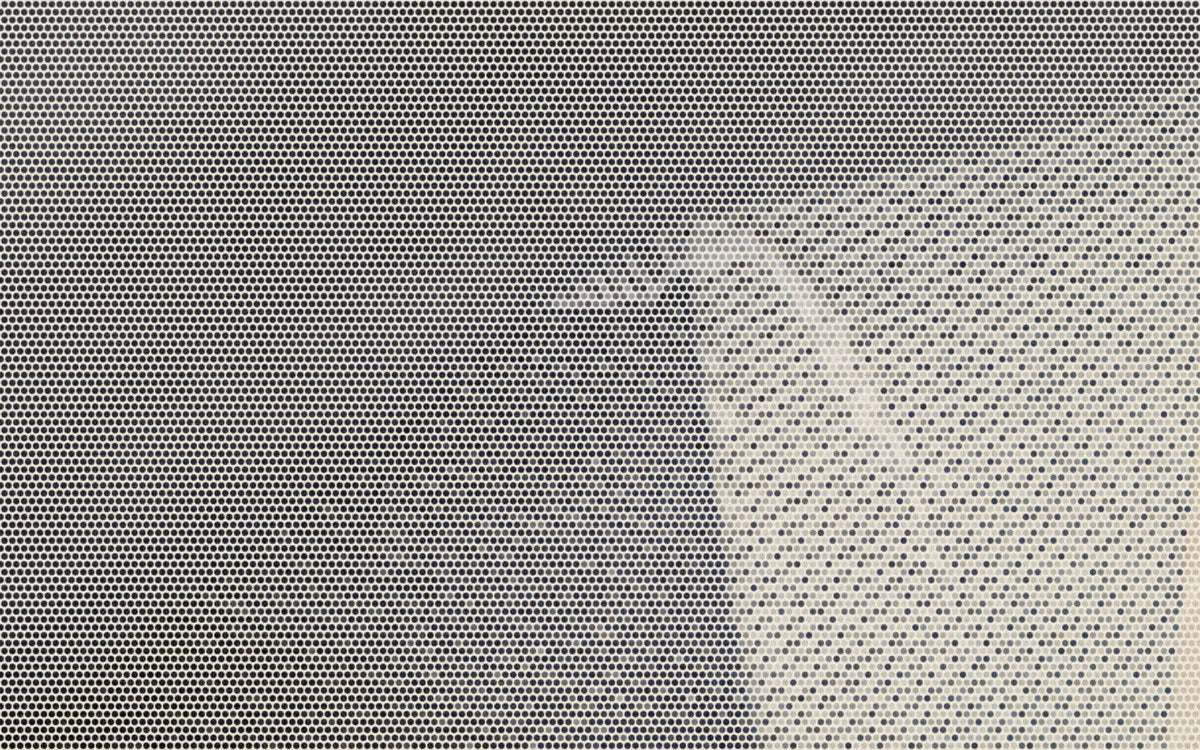 Inside-out denim showing the fabric weave and seam; a bold Paper halftone photo treatment