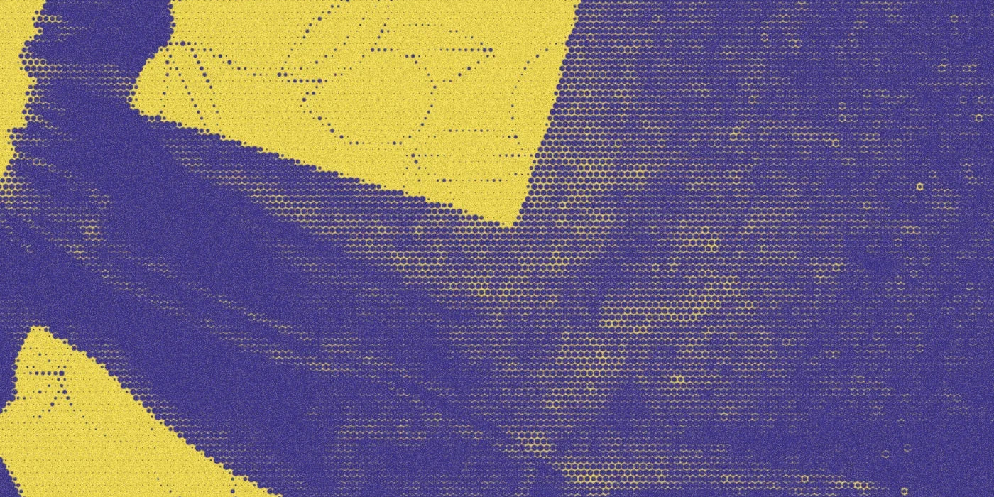 Denim with lemon patch pockets on the cutting table; a bold Paper halftone photo treatment