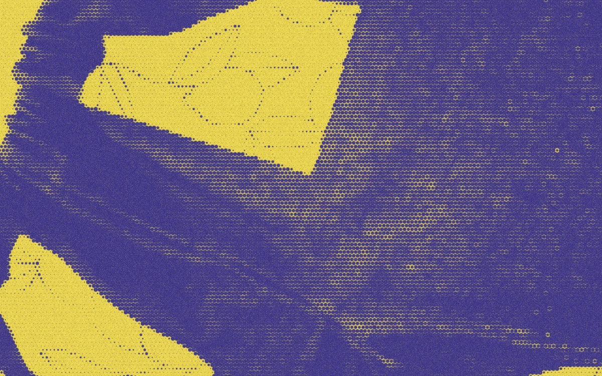 Purple-and-yellow halftone close-up of dark denim and a lemon-print patch pocket.