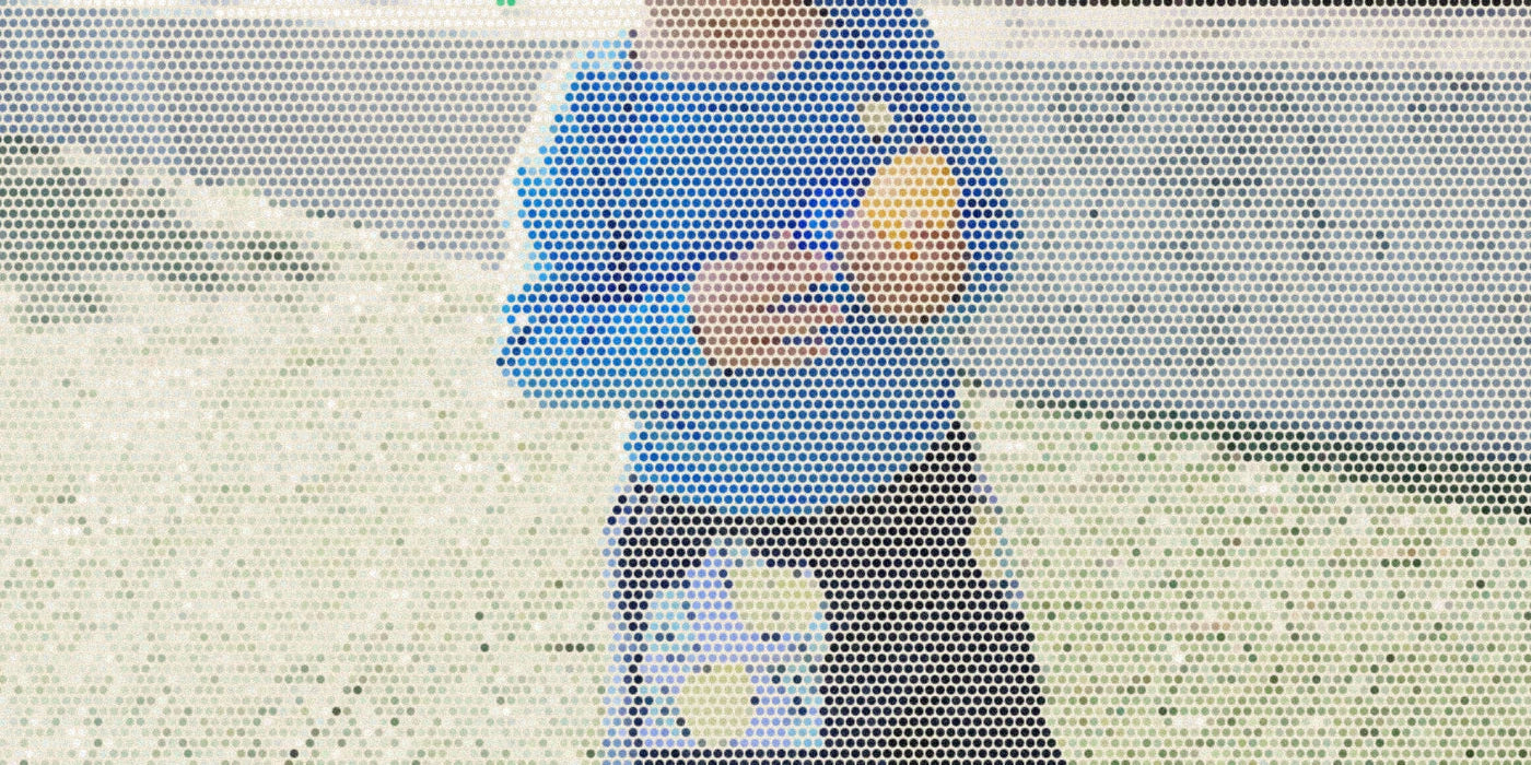 Child wearing wide-leg lemon-pocket jeans while playing outdoors; a bold Paper halftone photo treatment