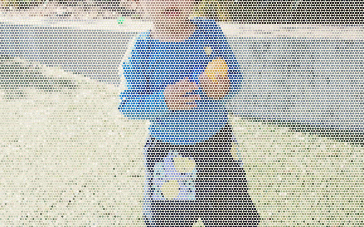 Child wearing wide-leg lemon-pocket jeans while playing outdoors; a bold Paper halftone photo treatment