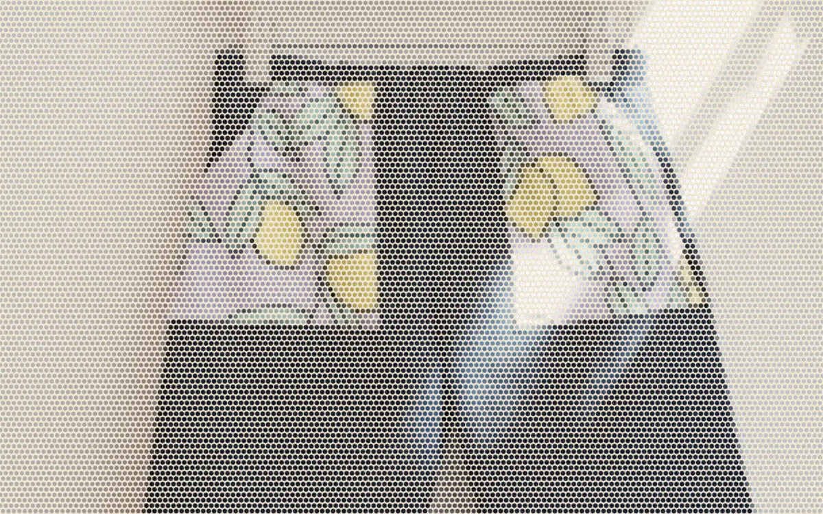Kids denim jeans hanging from a wooden hanger; a bold Paper halftone photo treatment