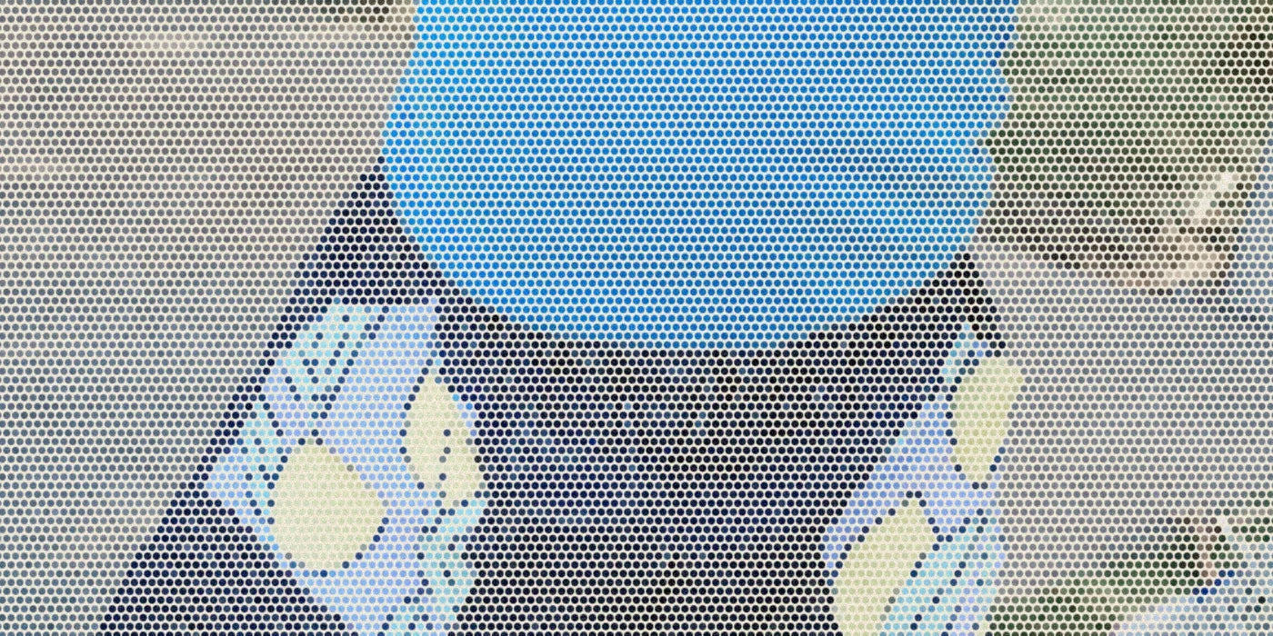 Child wearing blue layers and lemon-pocket denim outdoors; a bold Paper halftone photo treatment