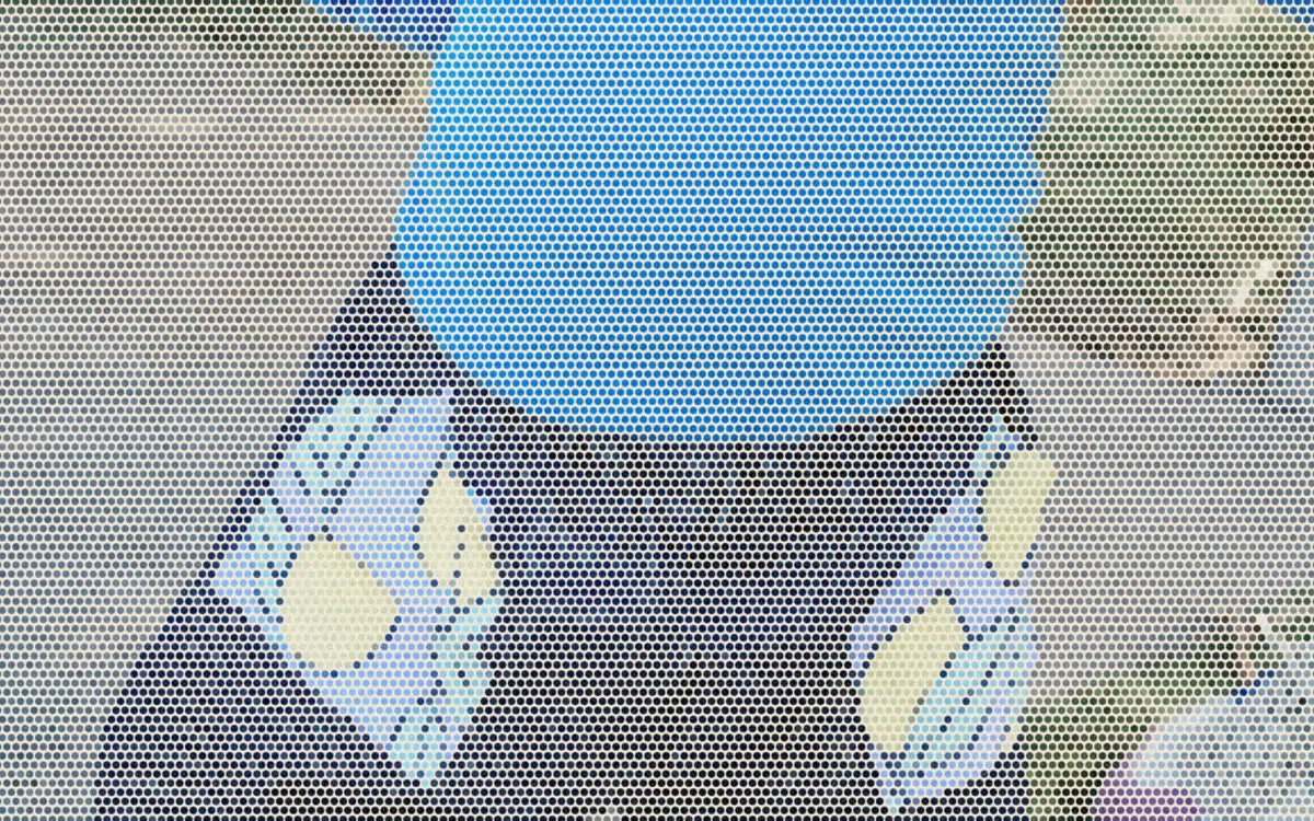 Child wearing blue layers and lemon-pocket denim outdoors; a bold Paper halftone photo treatment