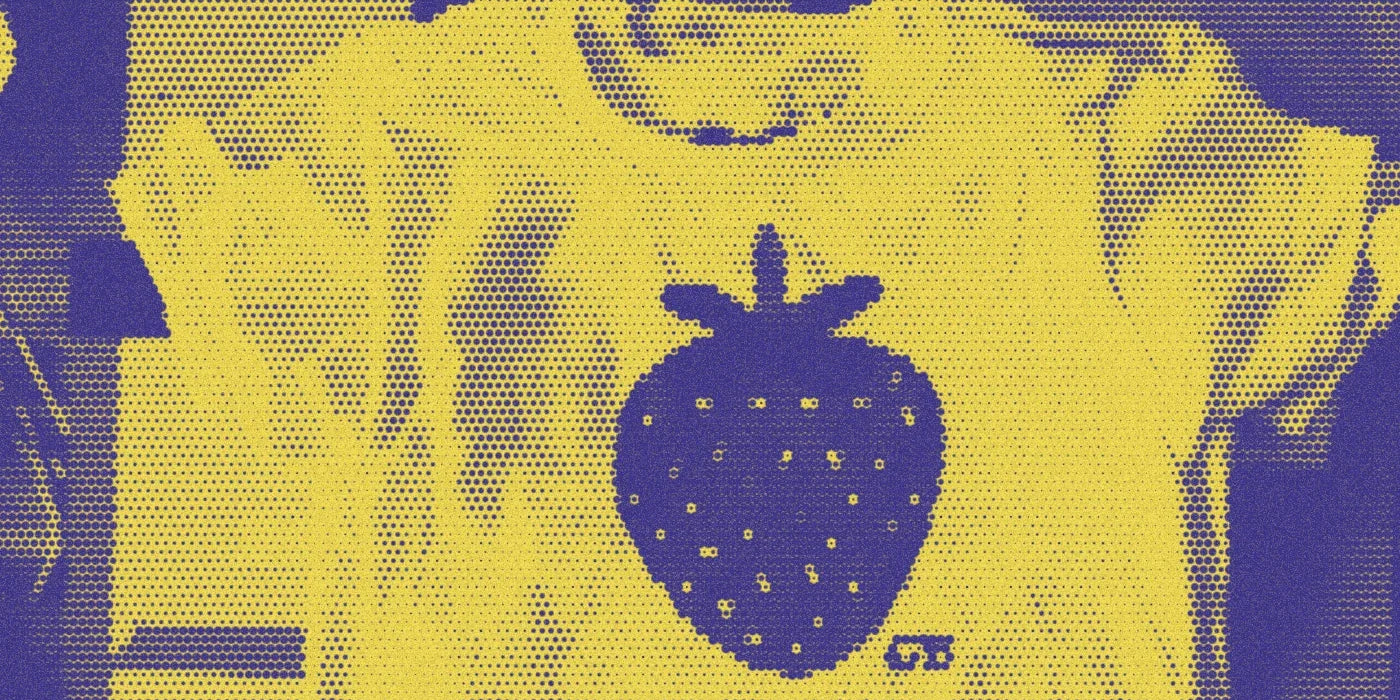 Strawberry tee on the printing board in the Colorful Bunch studio; a bold Paper halftone photo treatment