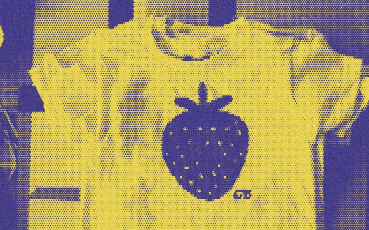 Halftone image of a strawberry-print T-shirt hanging beside other garments, in purple and yellow.