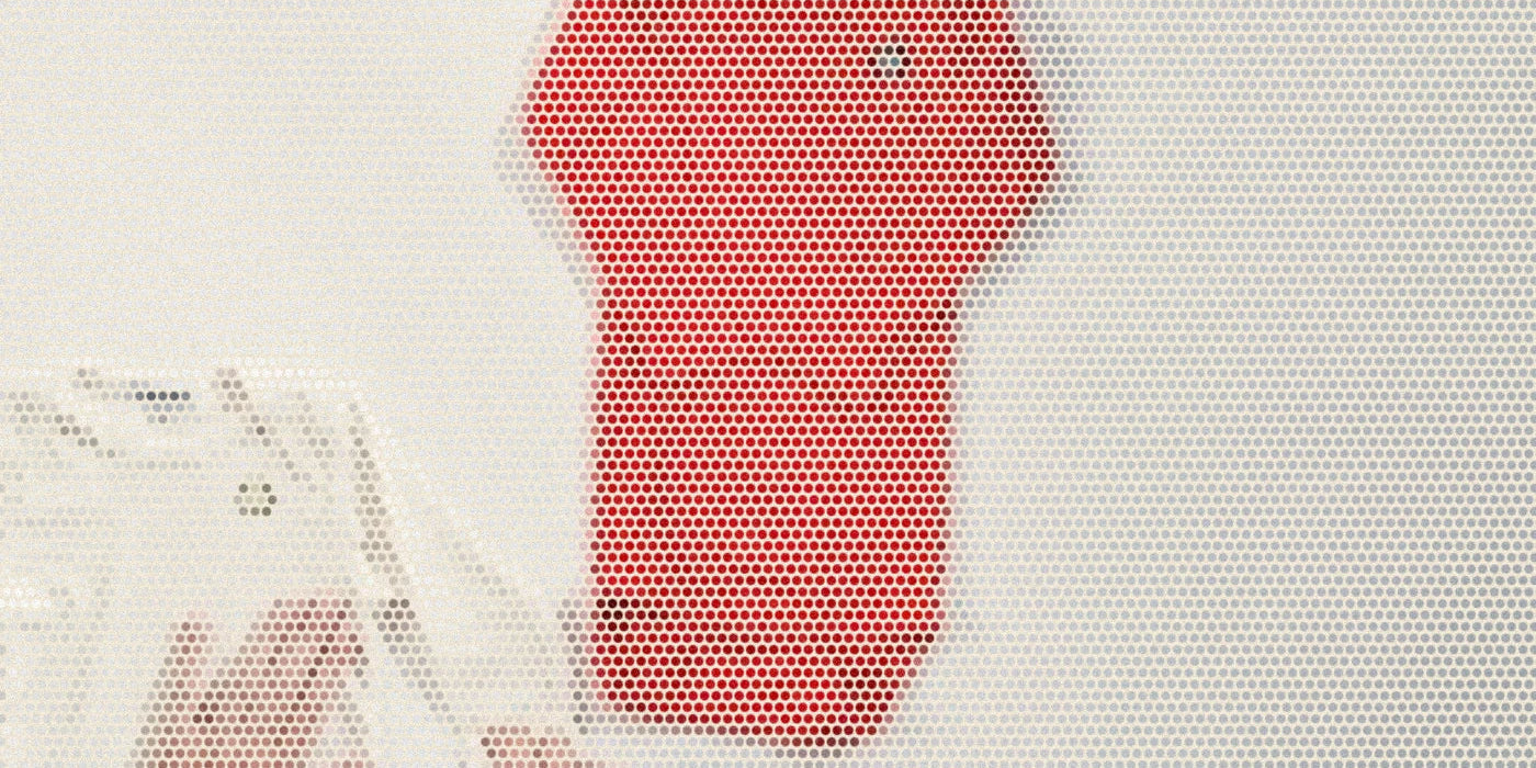 Long-sleeve red baby bodysuit and short-sleeve natural bodysuits compared by hand; a bold Paper halftone photo treatment