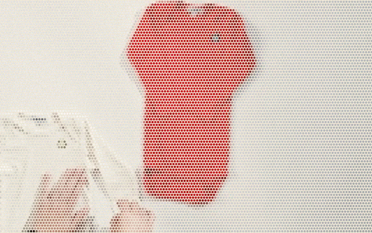 Long-sleeve red baby bodysuit and short-sleeve natural bodysuits compared by hand; a bold Paper halftone photo treatment