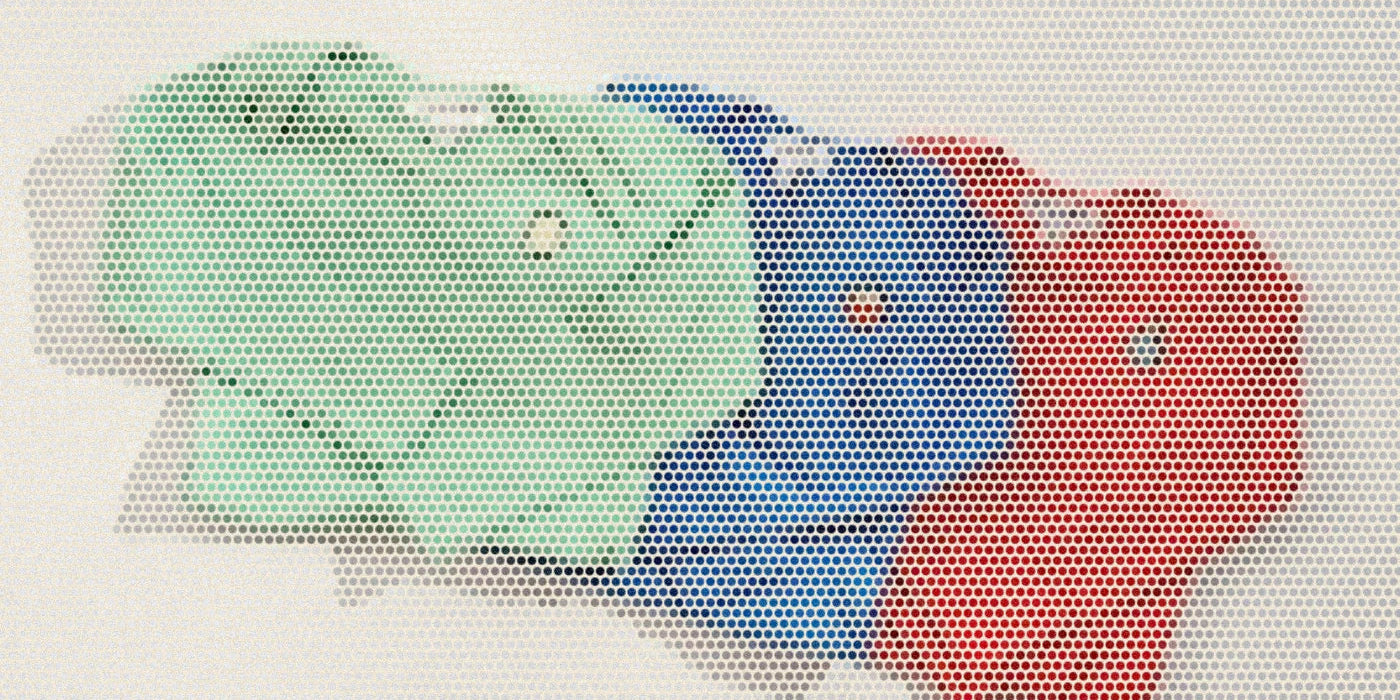 Green, blue and red baby bodysuits arranged together; a bold Paper halftone photo treatment