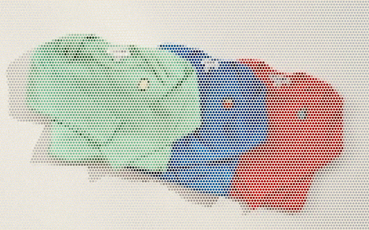 Green, blue and red baby bodysuits arranged together; a bold Paper halftone photo treatment