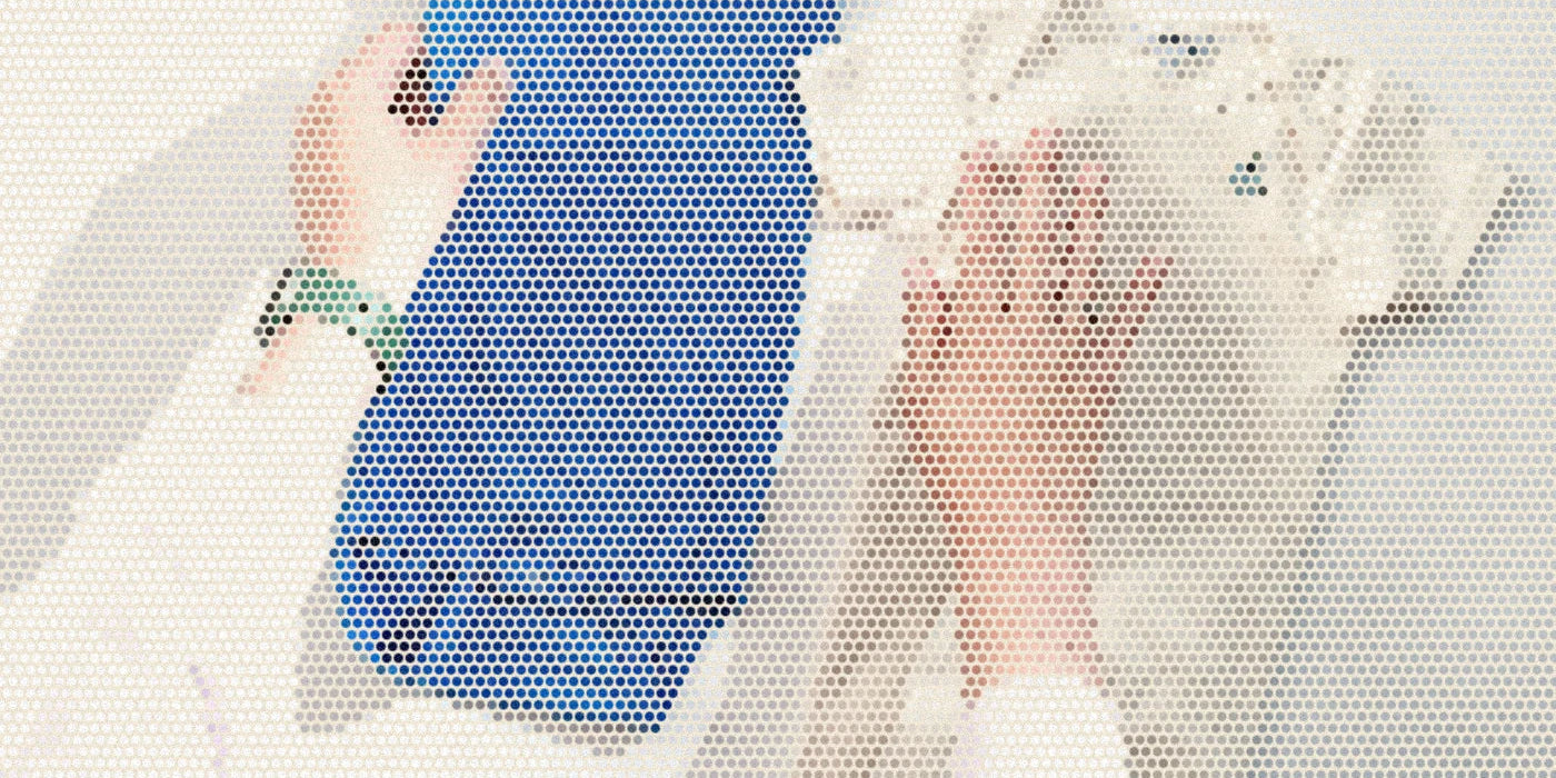 Blue and natural cotton baby bodysuits held against the studio wall; a bold Paper halftone photo treatment