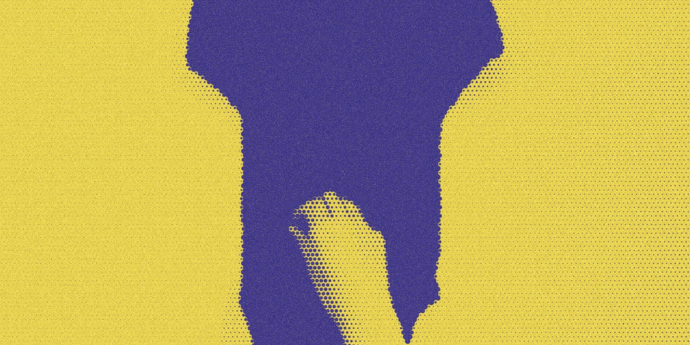 An adult holding up a small black baby bodysuit; a bold Paper halftone photo treatment