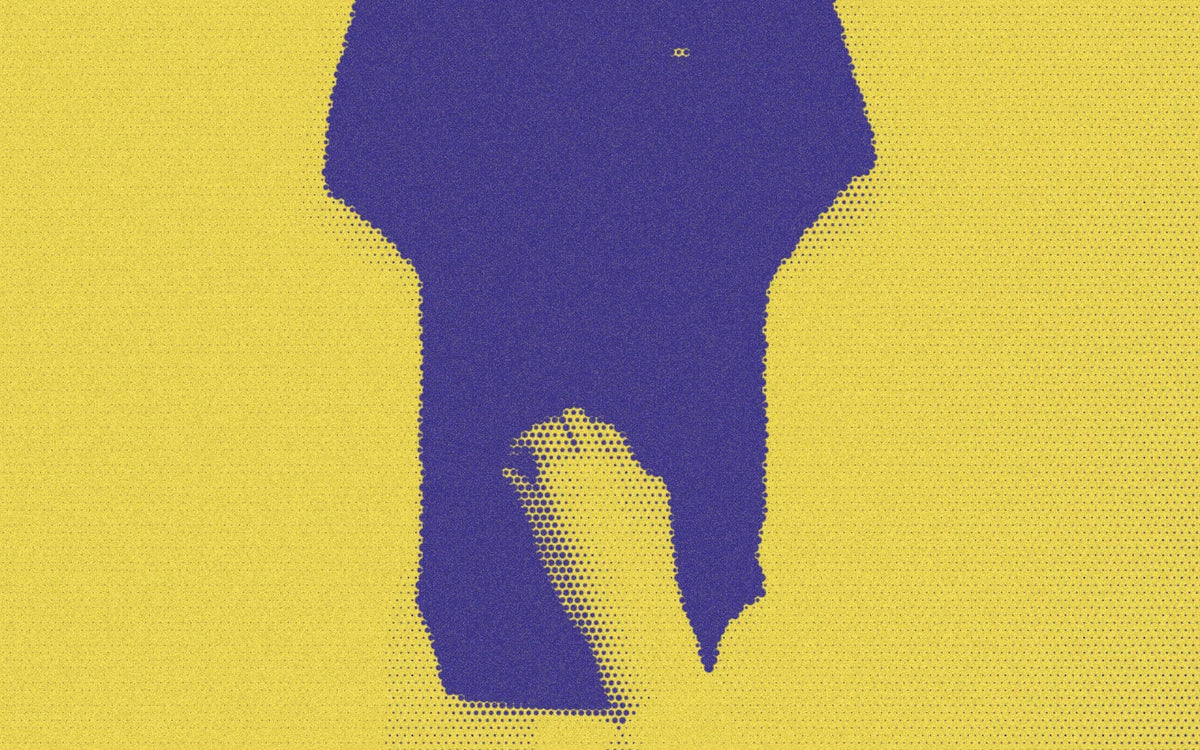 An adult holding up a small black baby bodysuit; a bold Paper halftone photo treatment