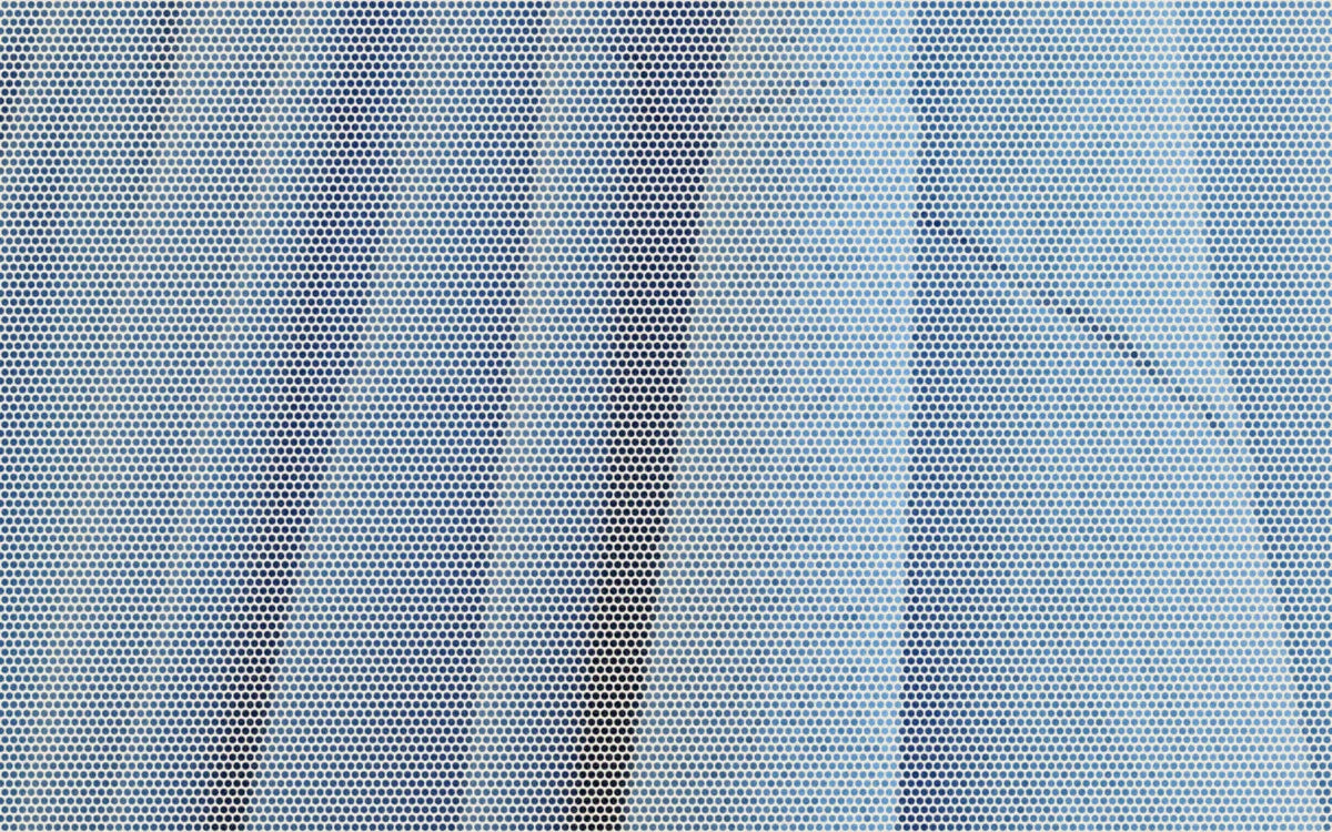Garment-dyed blue cotton sleeves hanging in a row; a bold Paper halftone photo treatment