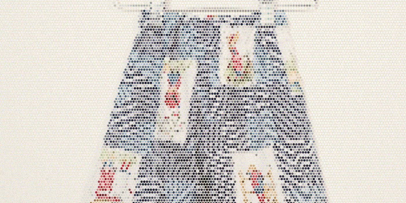 One-of-a-kind Studio Pants in a country patchwork print; a bold Paper halftone photo treatment