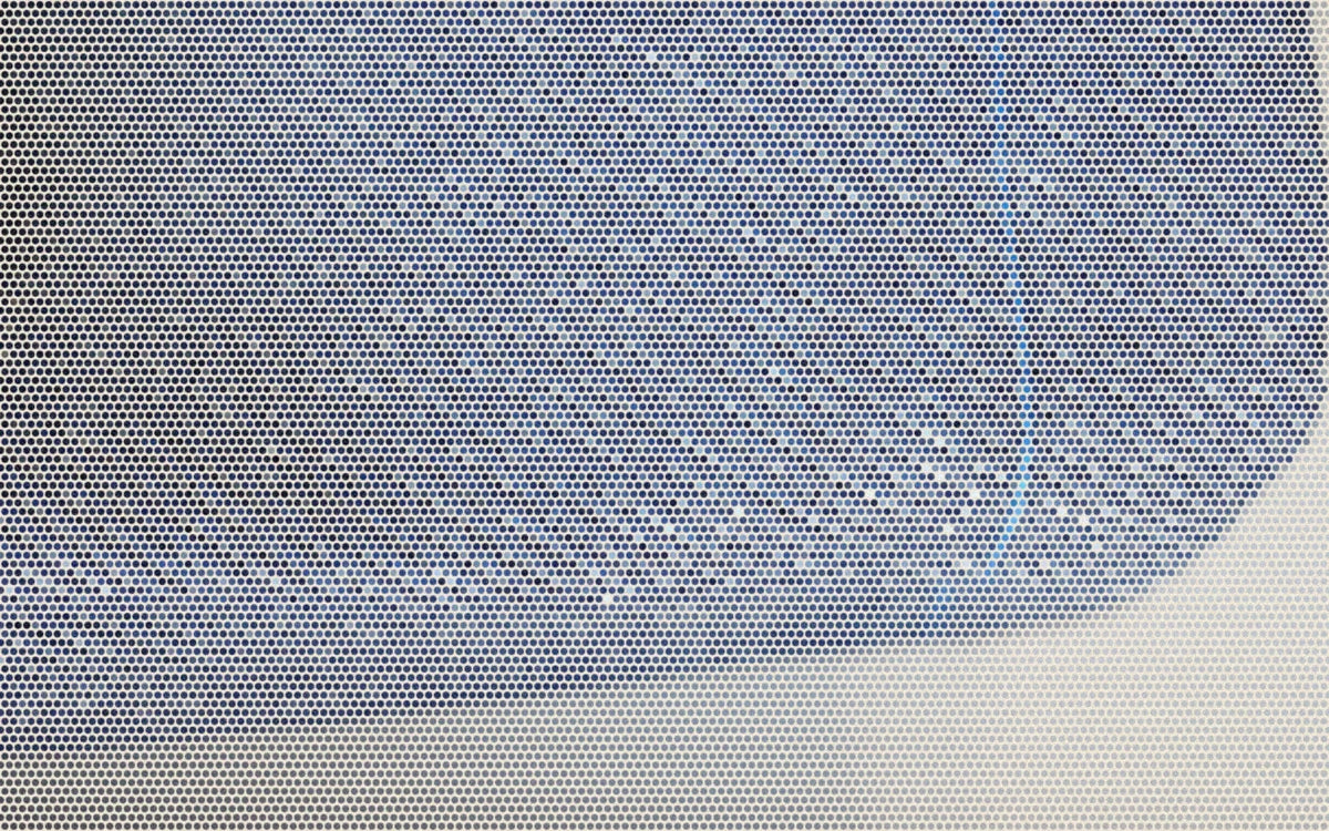 Close-up of a denim hem and stitched seam; a bold Paper halftone photo treatment