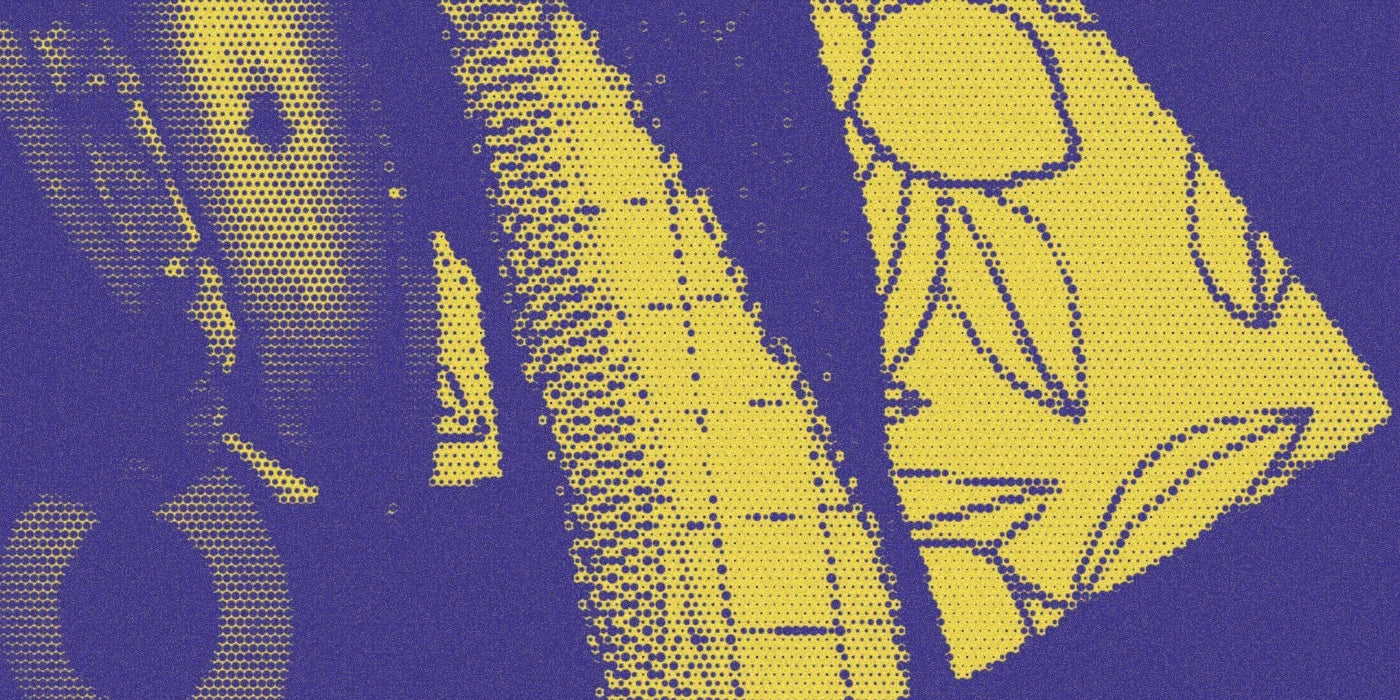 Iron, cut denim panels and a lemon pocket on the studio cutting table; a bold Paper halftone photo treatment