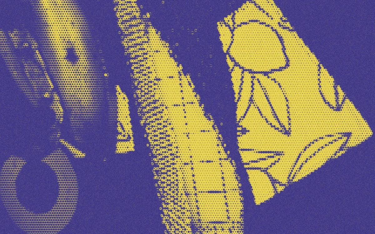 Iron, cut denim panels and a lemon pocket on the studio cutting table; a bold Paper halftone photo treatment