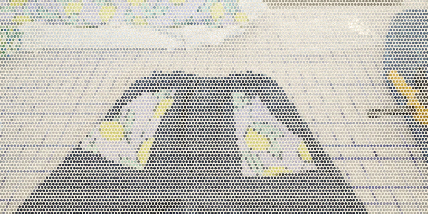 Elastic-waist jeans, printed fabric and tools on a gridded sewing table; a bold Paper halftone photo treatment