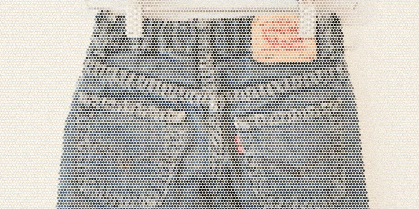 Back of vintage kids denim showing workwear-style pockets and seams; a bold Paper halftone photo treatment