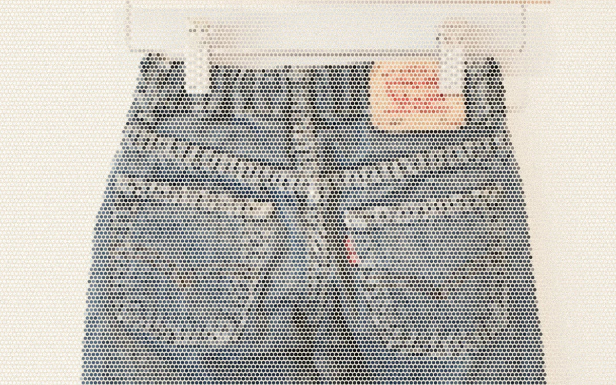 Back of vintage kids denim showing workwear-style pockets and seams; a bold Paper halftone photo treatment
