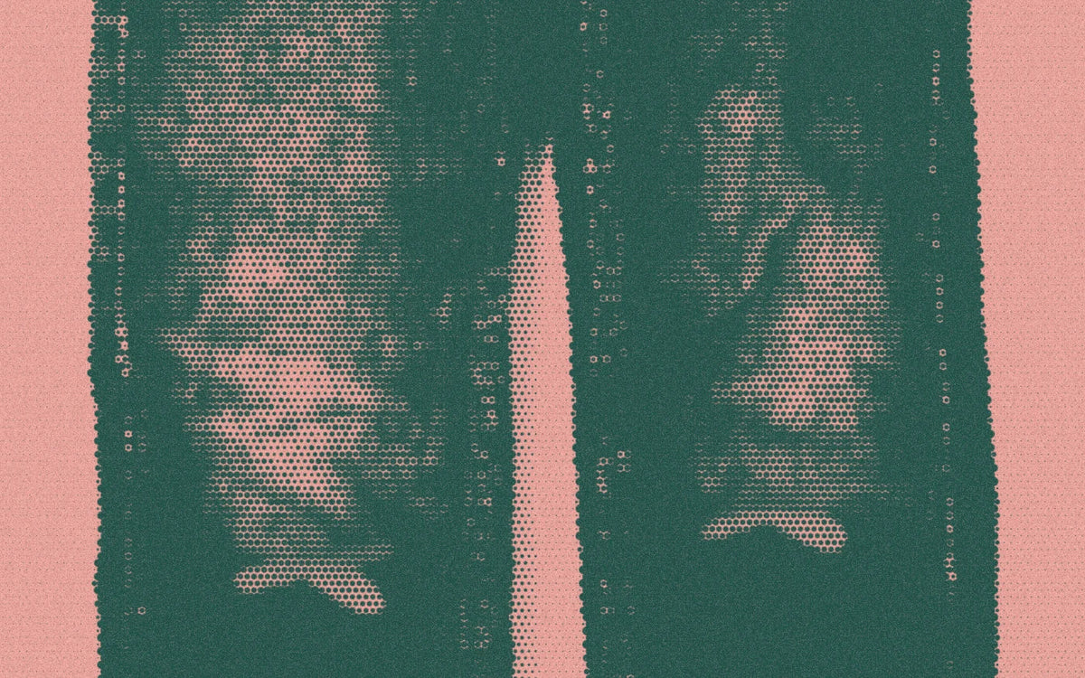 Halftone close-up of strawberry prints on both legs of children’s jeans, in green and peach.