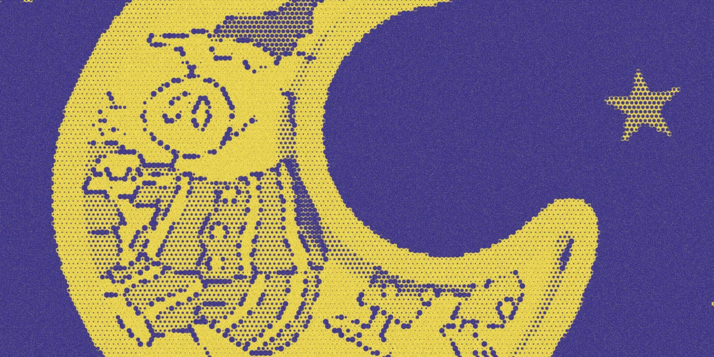 Pajama Time! moon and animal illustration in a bold purple-and-yellow Paper halftone treatment.