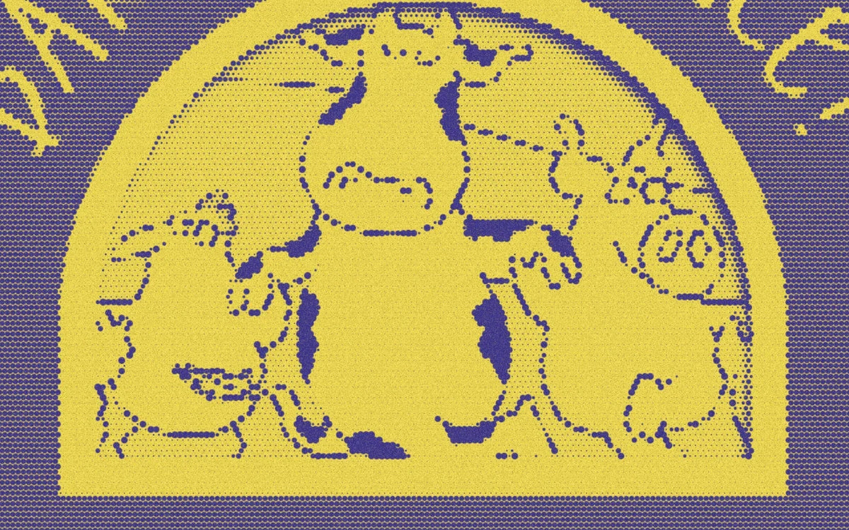 Dancing farm animals from the Barnyard Dance! cover, cropped with a bold purple-and-yellow Paper halftone treatment.