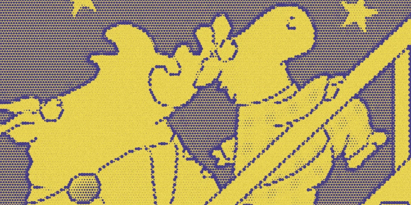 Close crop of two pajama-clad animal characters on the stairs, with a bold purple-and-yellow Paper halftone treatment.