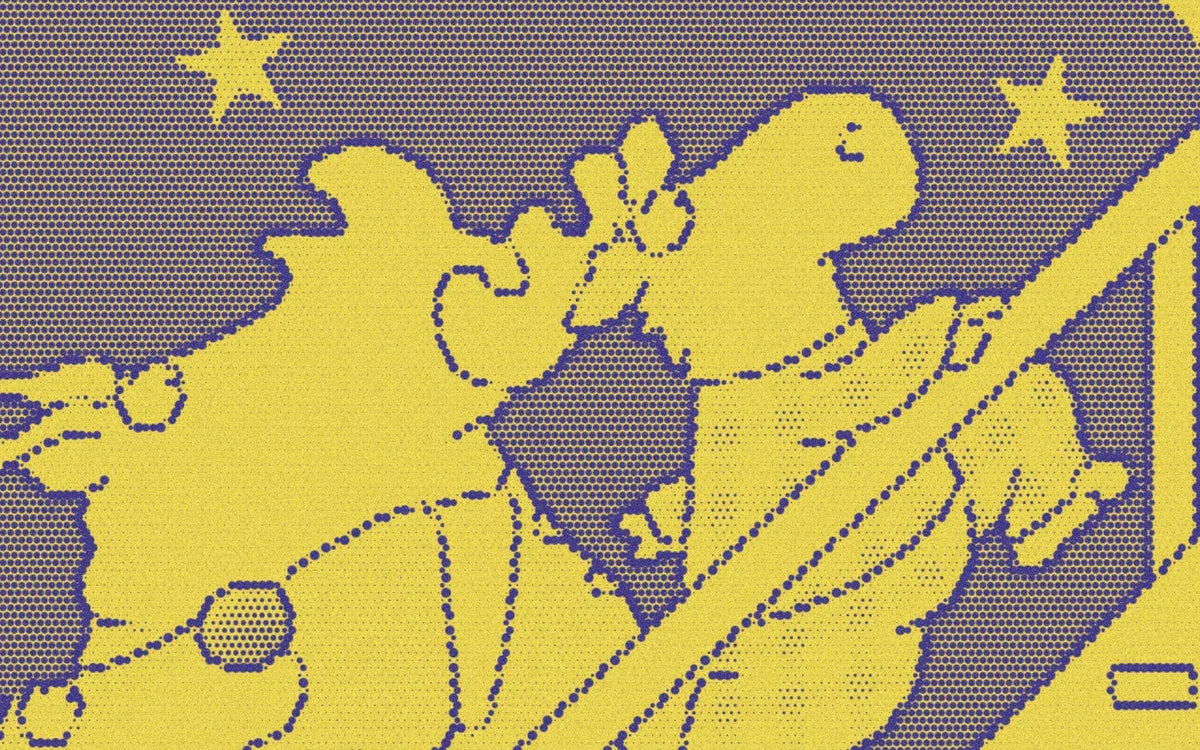 Close crop of two pajama-clad animal characters on the stairs, with a bold purple-and-yellow Paper halftone treatment.