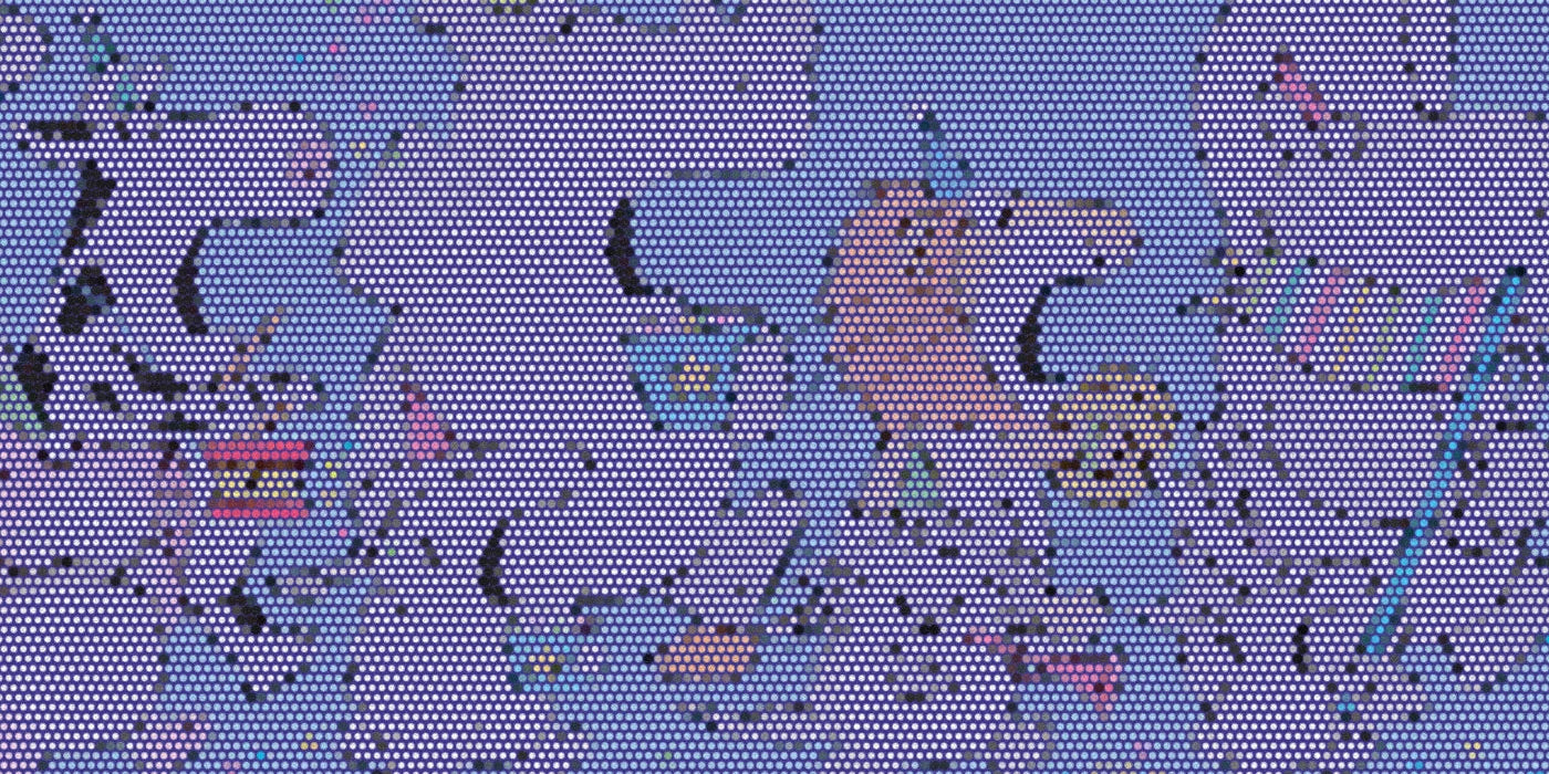 A lively group of counting animals from One, Two, Three!, cropped with a bold colorful Paper halftone treatment.