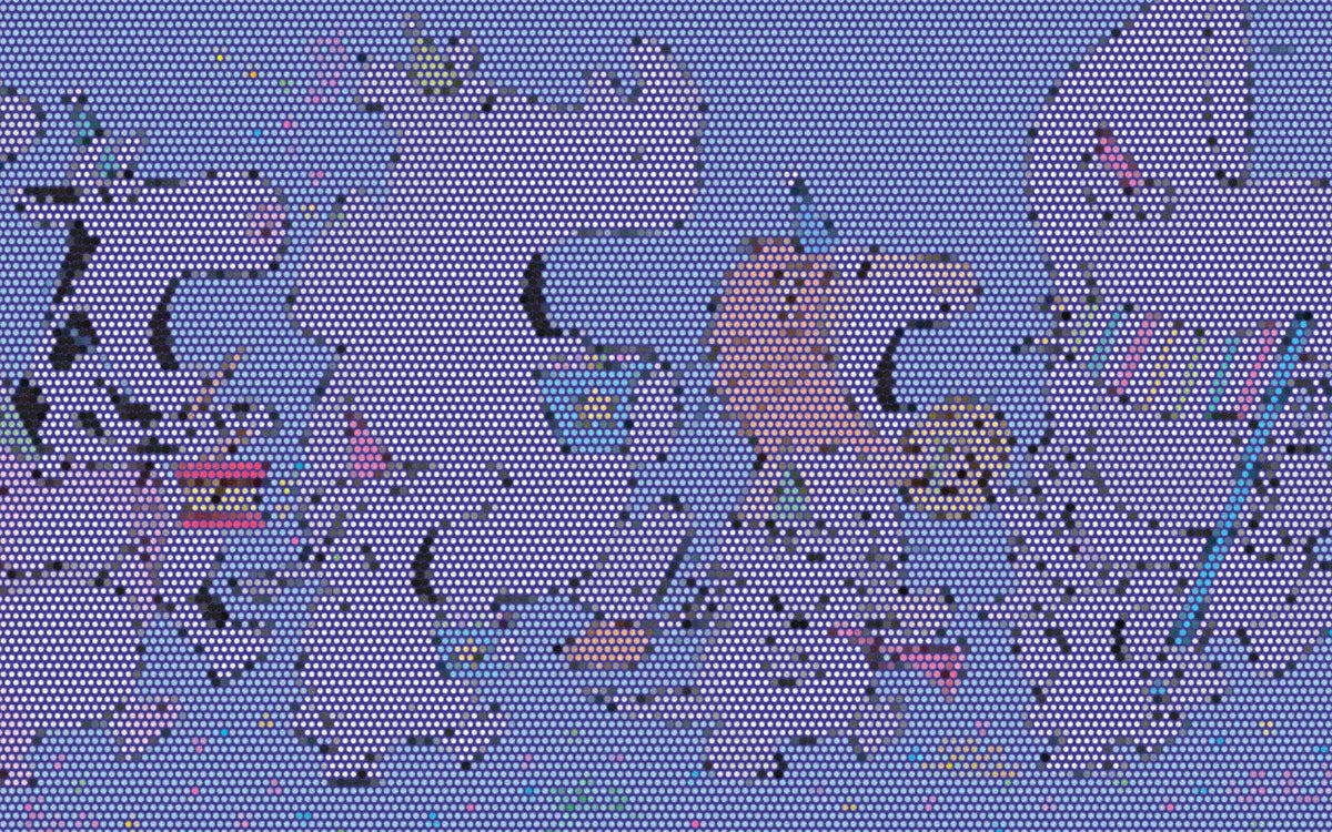 A lively group of counting animals from One, Two, Three!, cropped with a bold colorful Paper halftone treatment.