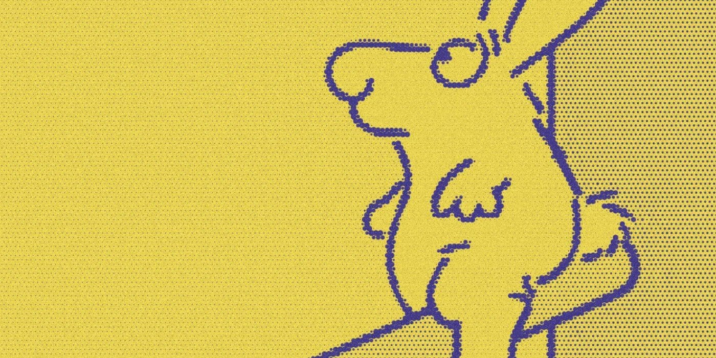 Rabbit perched on a seesaw from the English Opposites cover, cropped with a bold purple-and-yellow Paper halftone treatment.