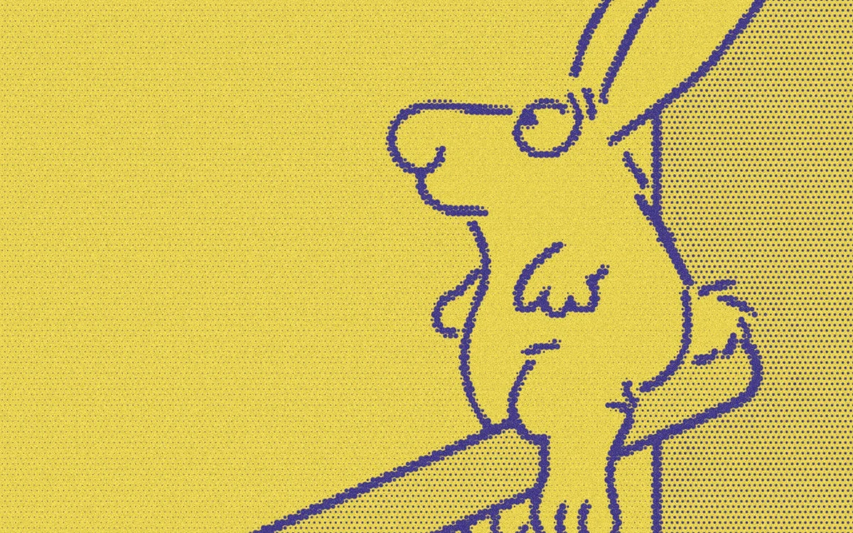 Rabbit perched on a seesaw from the English Opposites cover, cropped with a bold purple-and-yellow Paper halftone treatment.