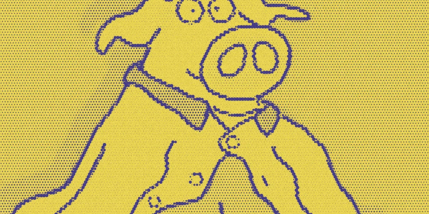 Little Pookie wearing a draped blanket, cropped with a bold purple-and-yellow Paper halftone treatment.