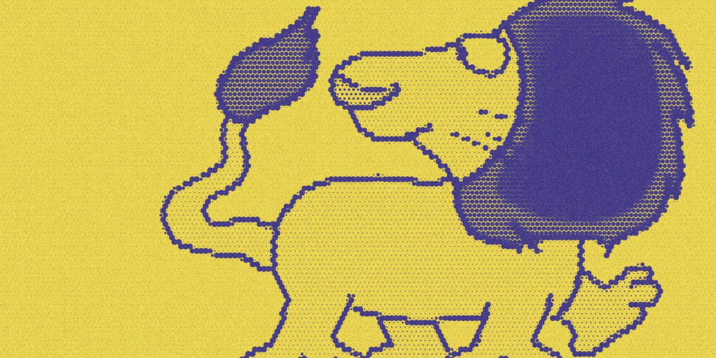 A furry lion illustration from Hey! What’s That?, cropped with a bold purple-and-yellow Paper halftone treatment.