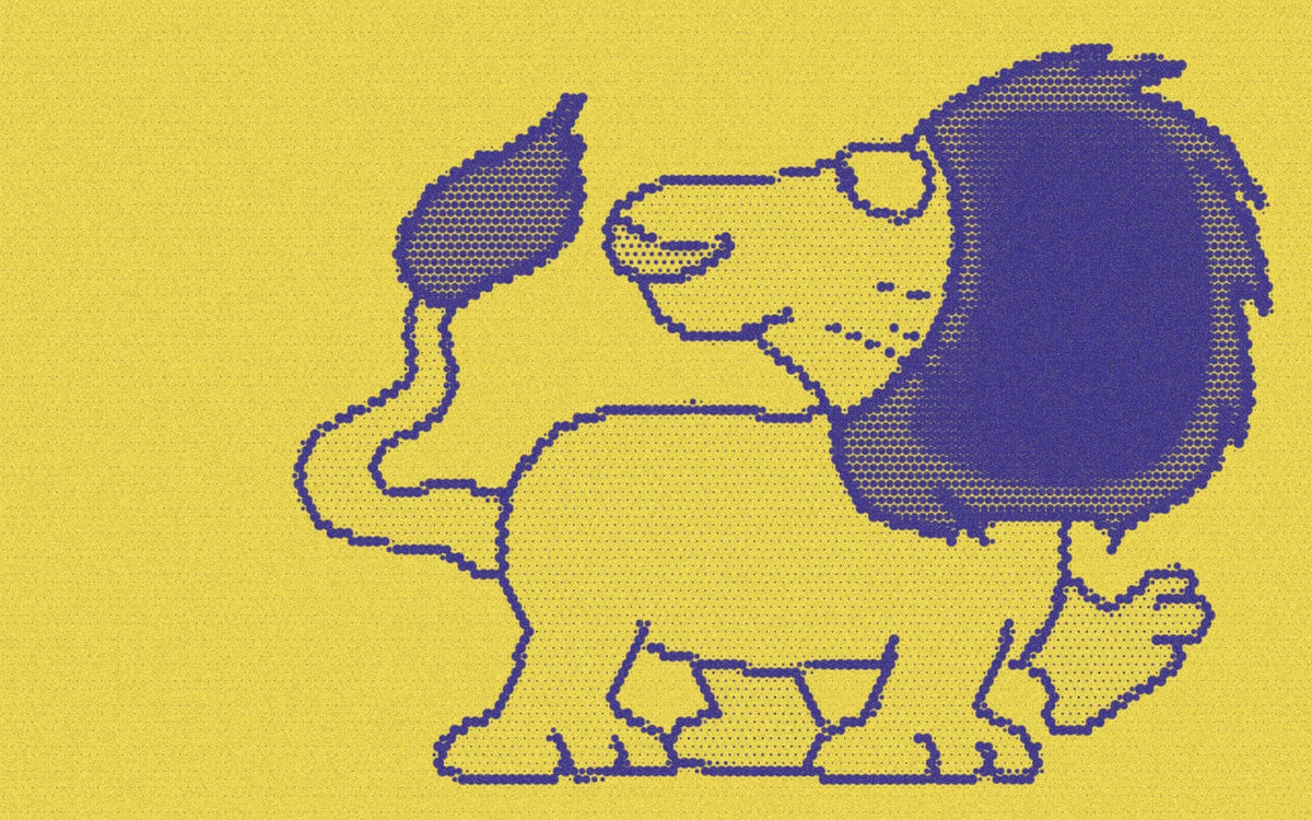 A furry lion illustration from Hey! What’s That?, cropped with a bold purple-and-yellow Paper halftone treatment.