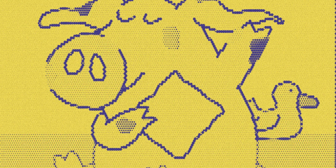 A pig washing in a bathtub from Bath Time!, cropped with a bold purple-and-yellow Paper halftone treatment.
