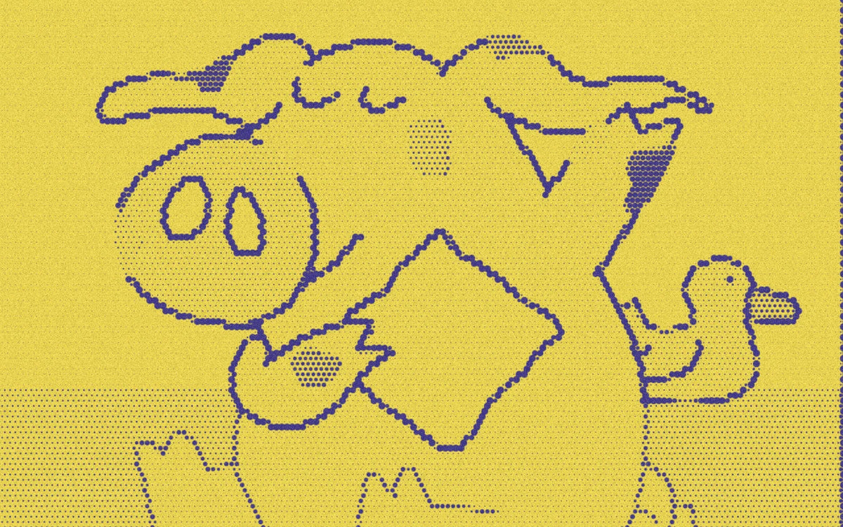 A pig washing in a bathtub from Bath Time!, cropped with a bold purple-and-yellow Paper halftone treatment.