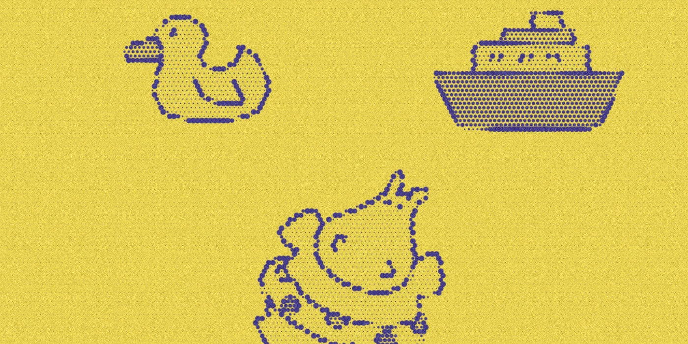 Duck, toy boat and hippo bath-toy illustrations from Bath Time!, in a bold purple-and-yellow Paper halftone treatment.