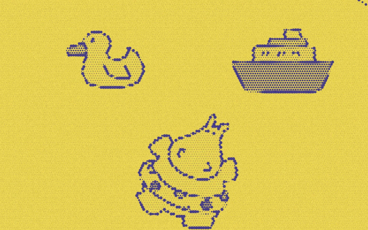 Duck, toy boat and hippo bath-toy illustrations from Bath Time!, in a bold purple-and-yellow Paper halftone treatment.
